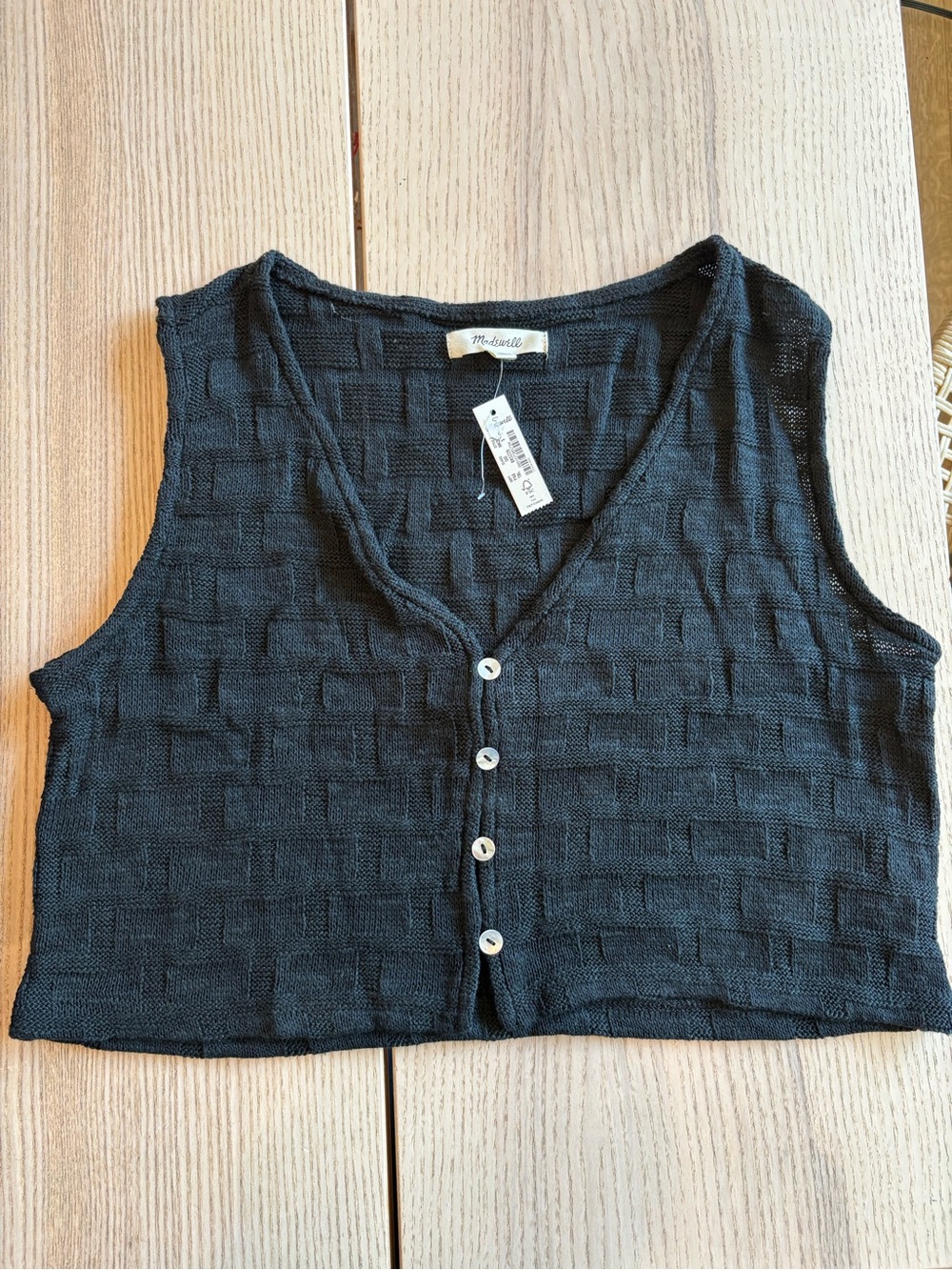 Madewell Black Textured Knit Button-Front Crop Vest